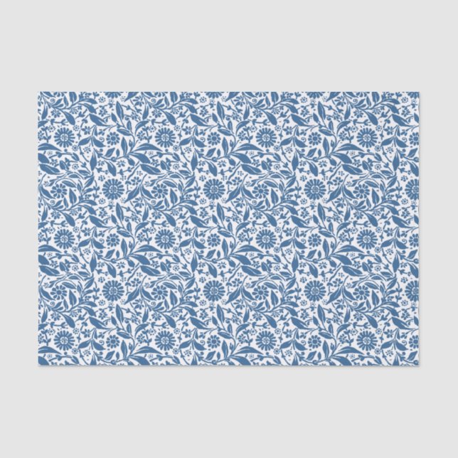 Papier Mousseline Joli motif floral bleu et blanc (Recto)