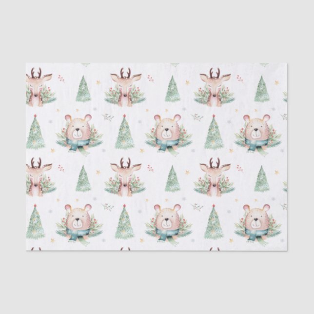 Papier Mousseline Joli Noël Arbres de Noël Bois Ours & Cerfs (Recto)