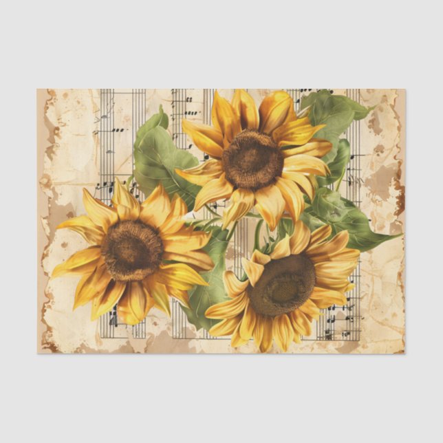 Papier Mousseline Jolie feuille de musique fleurie tournesol éphémèr (Recto)