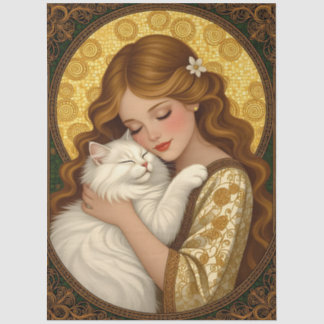 Papier Mousseline Jolie Fille Câline un Chat Art Nouveau Découpage