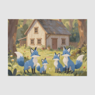 Papier Mousseline Jolie maisonnette de famille de renard bleu