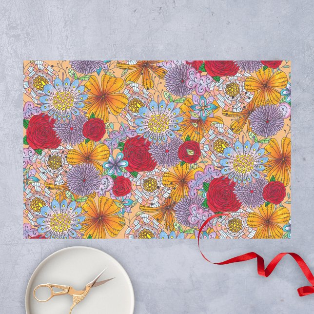 Papier Mousseline Jolie Orange Rouge Violet Jardin Doodle Fleurs (Créateur téléchargé)