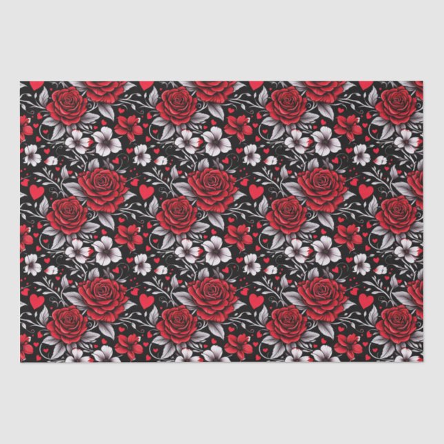 Papier Mousseline Jolie, Rouge, Roses noires et blanches, Coeurs (Recto)