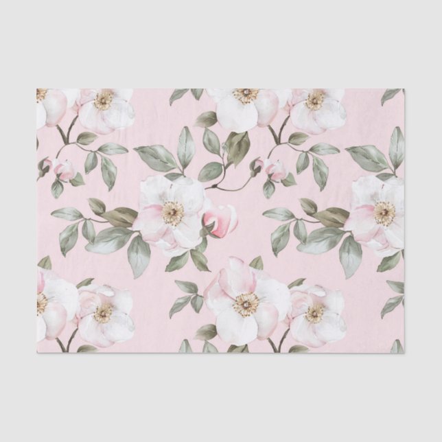 Papier Mousseline Jolies Fleurs Blanches et Roses Shower de Mariée (Recto)