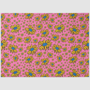Papier Mousseline Jolies marguerites bleu jaune rose