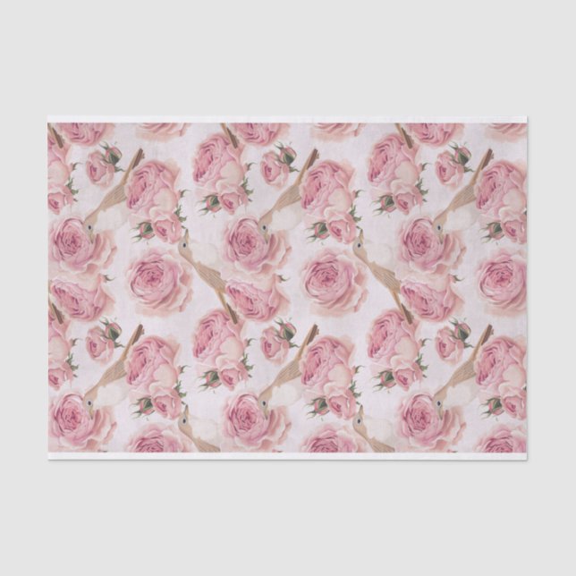 Papier Mousseline Jolies oiseaux perchés sur des roses roses Motifs (Recto)