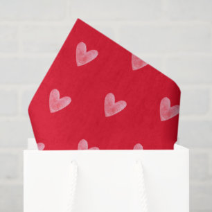 Papier Mousseline Jolis cœurs aquarelle pâles sur fond rouge