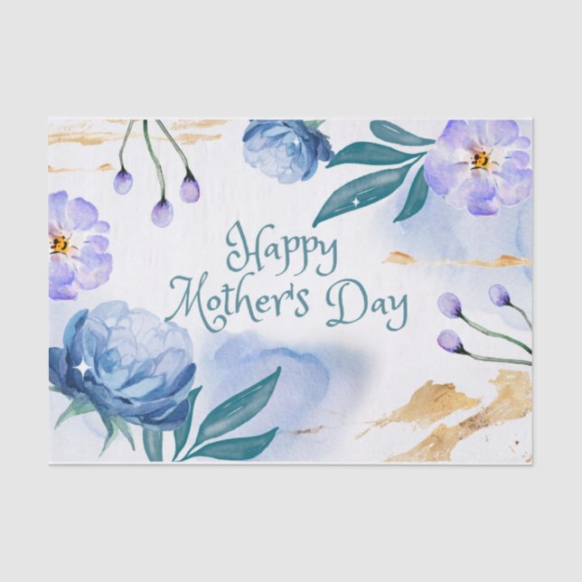 Papier Mousseline Joyeuse Fête des Mères Aquarelle Bleu, Fleurs viol (Recto)