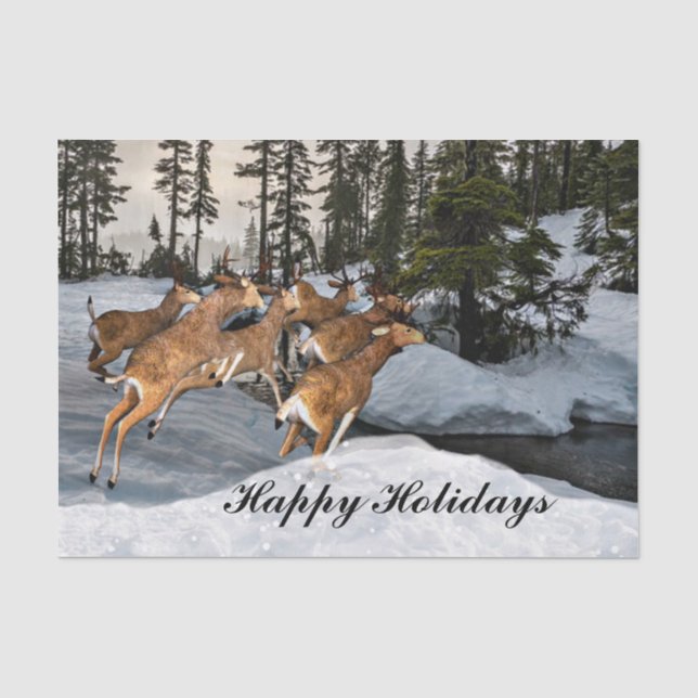 Papier Mousseline Joyeuses vacances Cerf rustique en hiver (Recto)