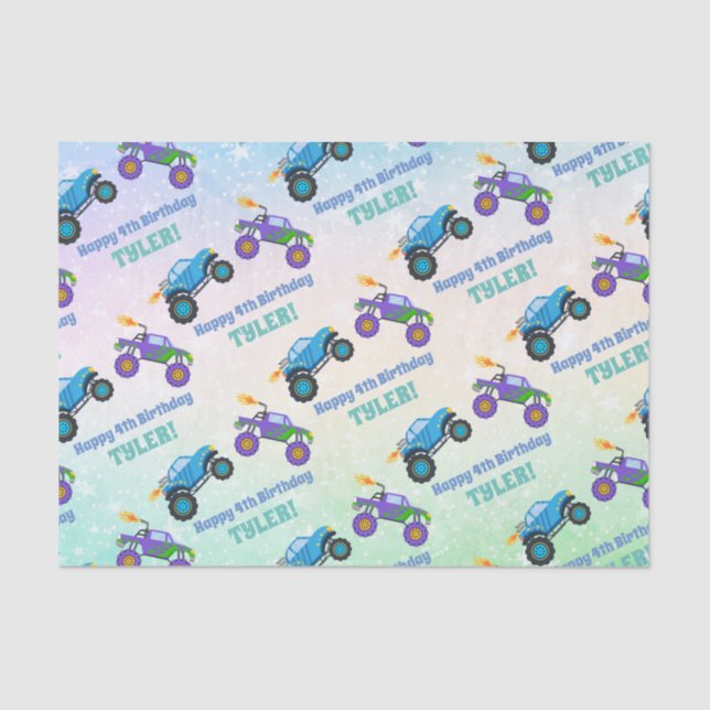 Papier Mousseline Joyeux Anniversaire, Camions Monster, do-it-yourse (Recto)