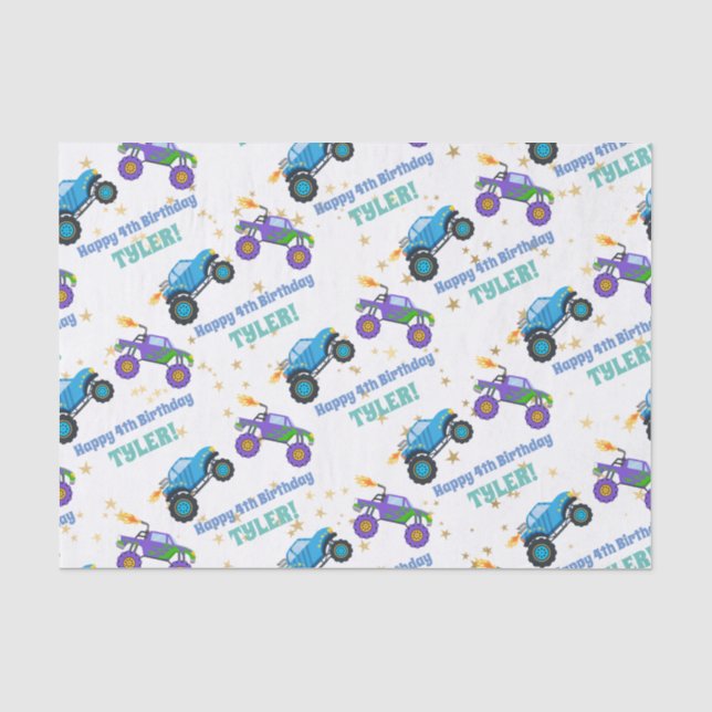 Papier Mousseline Joyeux Anniversaire, Camions Monster Nom/Age Gold  (Recto)