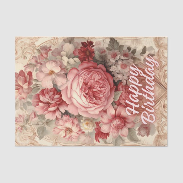 Papier Mousseline Joyeux anniversaire de Roses victoriens (Recto)
