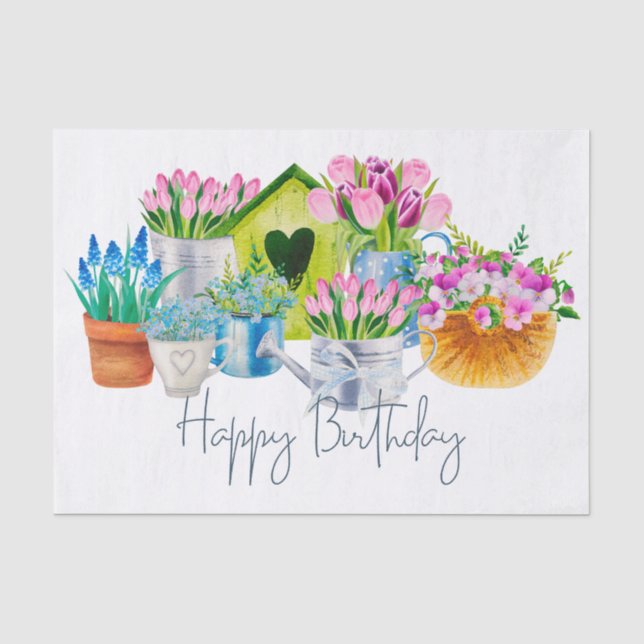 Papier Mousseline Joyeux Anniversaire Fleurs de Jardin - Tulipes (Recto)