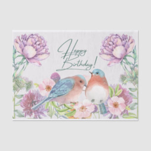 Papier Mousseline Joyeux Anniversaire Fleurs, Oiseaux