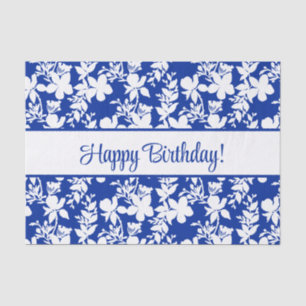 Papier Mousseline Joyeux anniversaire Floral blanc sur bleu