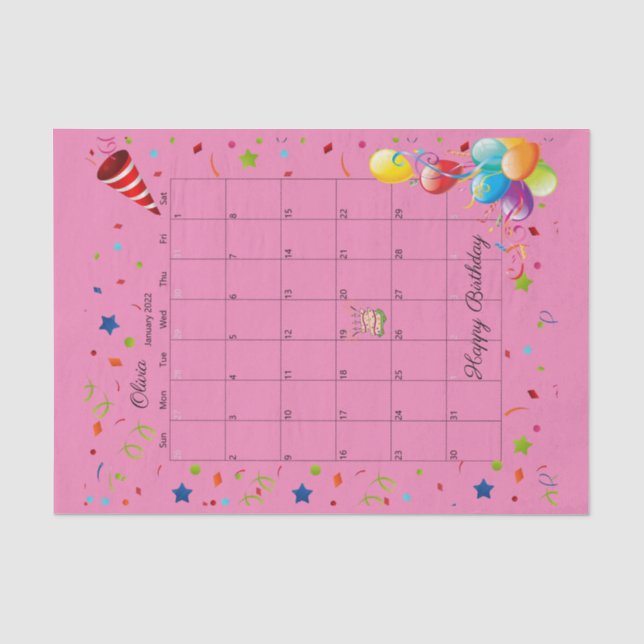 Papier Mousseline Joyeux anniversaire Janvier 2022 Tissue Paper (Recto)