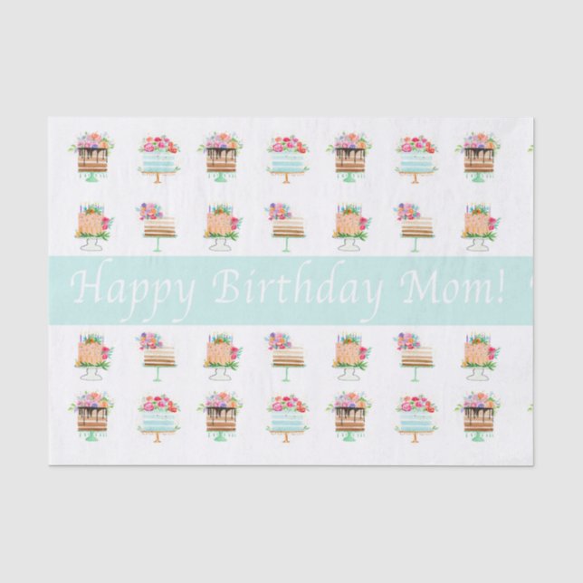 Papier Mousseline Joyeux Anniversaire Maman Aquarelle Floral Gâteaux (Recto)