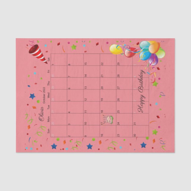 Papier Mousseline Joyeux anniversaire Octobre 2022 Tissue Paper (Recto)