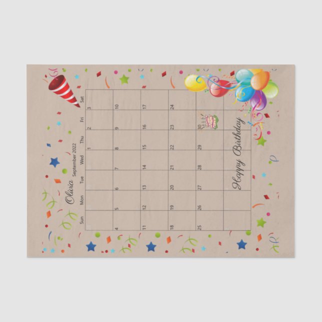 Papier Mousseline Joyeux anniversaire Septembre 2022 Tissue Paper (Recto)