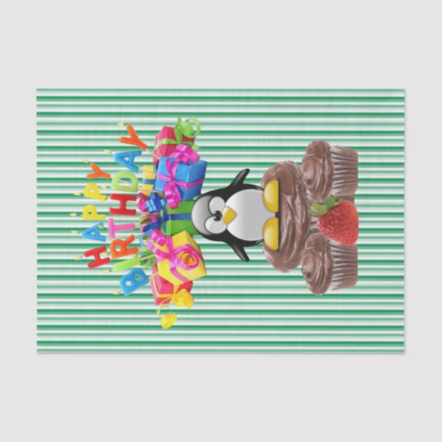 Papier Mousseline Joyeux Anniversaire Tissu Papier Bande Pingouin (Recto)