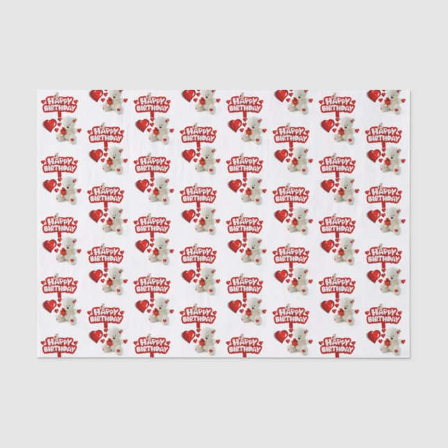 Papier Mousseline Joyeux Anniversaire Tissu Papier blanc Teddy Ours (Recto)