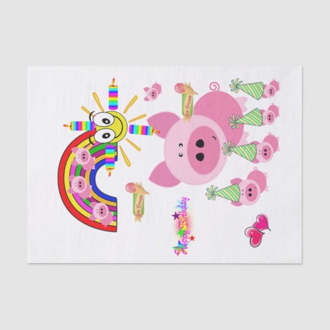 Papier Mousseline Joyeux Anniversaire Tissu Papier Pink Pig (Recto)