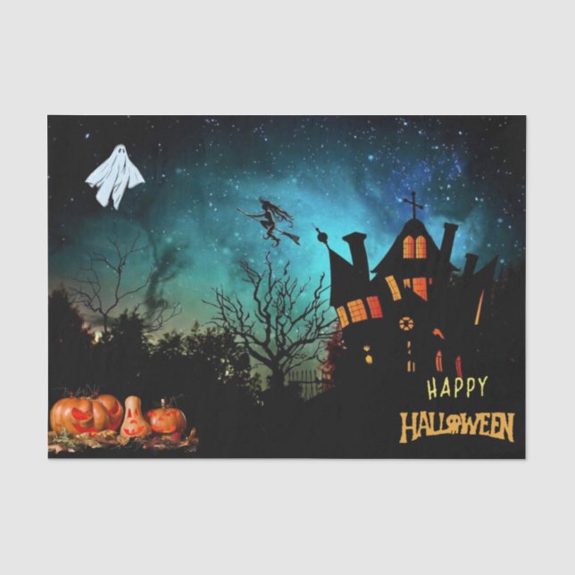 Papier Mousseline Joyeux Halloween Scary Witch, fantôme et Citrouill (Recto)