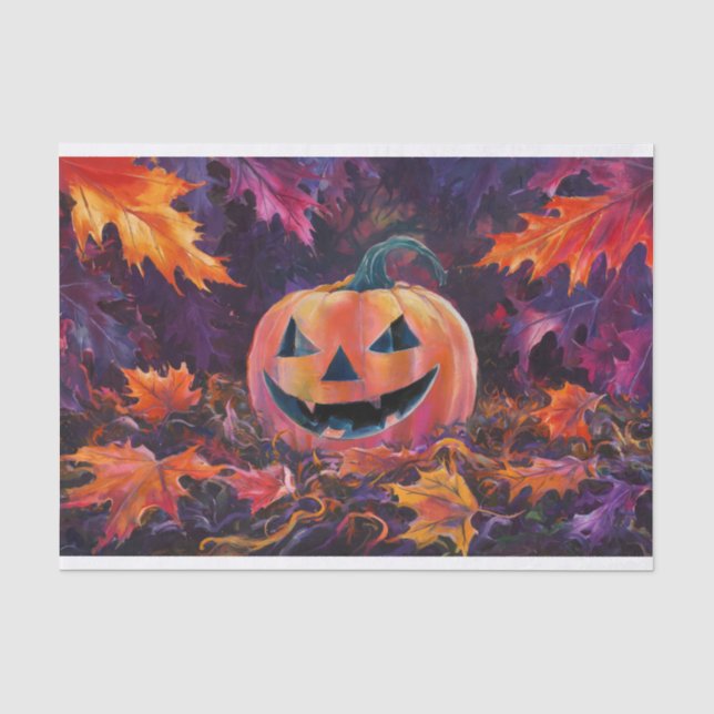 Papier Mousseline Joyeux Jack-olantern, feuilles d'automne et forêt (Recto)