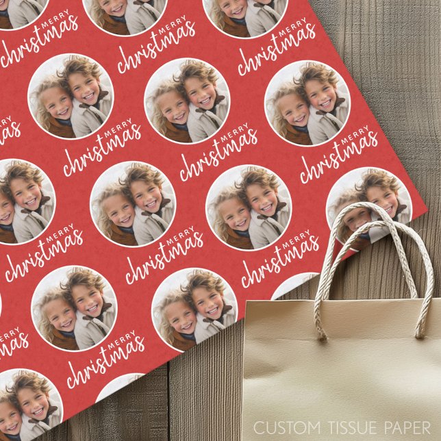 Papier Mousseline Joyeux Noël avec une photo en un cercle - rouge (Custom Tissue Paper)