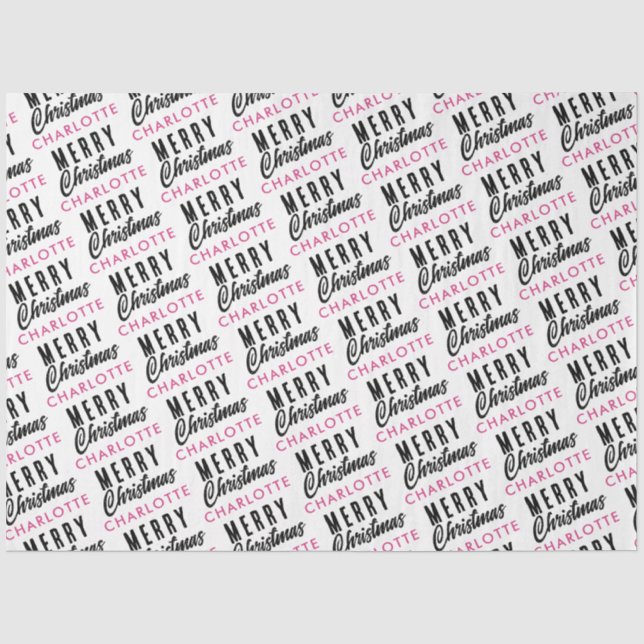 Papier Mousseline Joyeux Noël personnalisé Nom rose tendance (Recto)