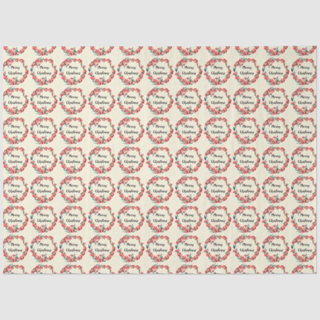 Papier Mousseline Joyeux Noël Rouge Floral Aquarelle Wreath (Recto)