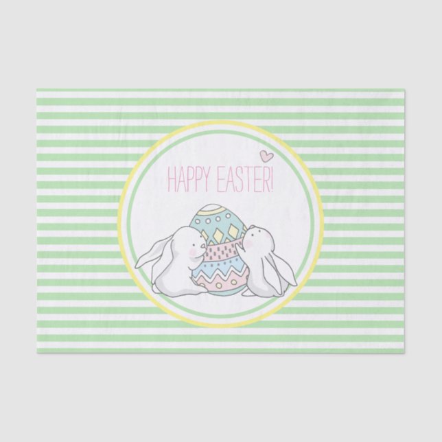 Papier Mousseline Joyeux Pâques | Bunnies mignons et rayures vertes (Recto)