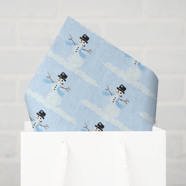 Papier Mousseline Joyeux Snowman Motif Bleu Noël hiver (Sac cadeau)