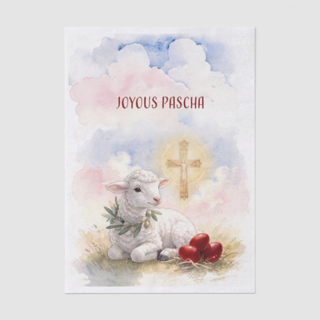 Papier Mousseline Joyous Pascha Lamb, Red Eggs and Cross (Recto)