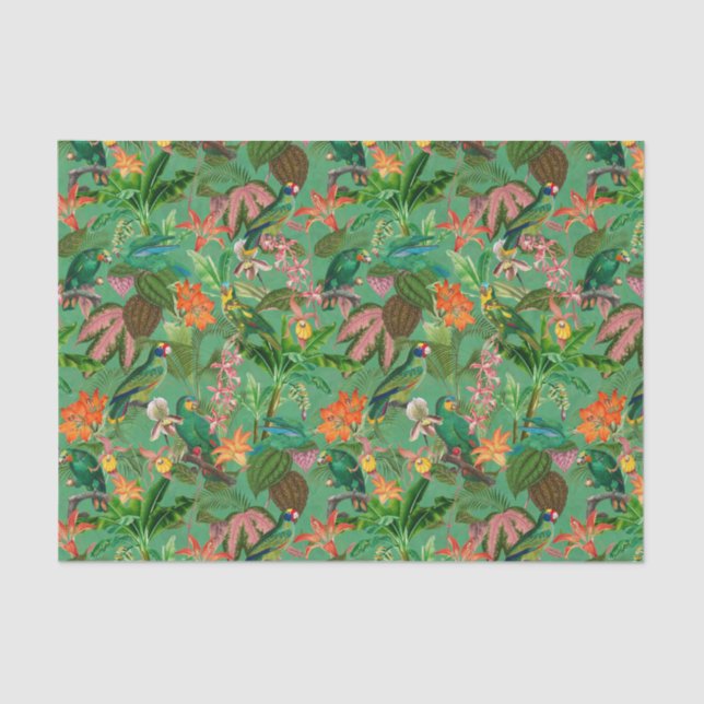 Papier Mousseline Jungle Tropicale Avec Perroquets Et Fleurs - Vert  (Recto)