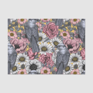 Papier Mousseline Jus gris et fleurs