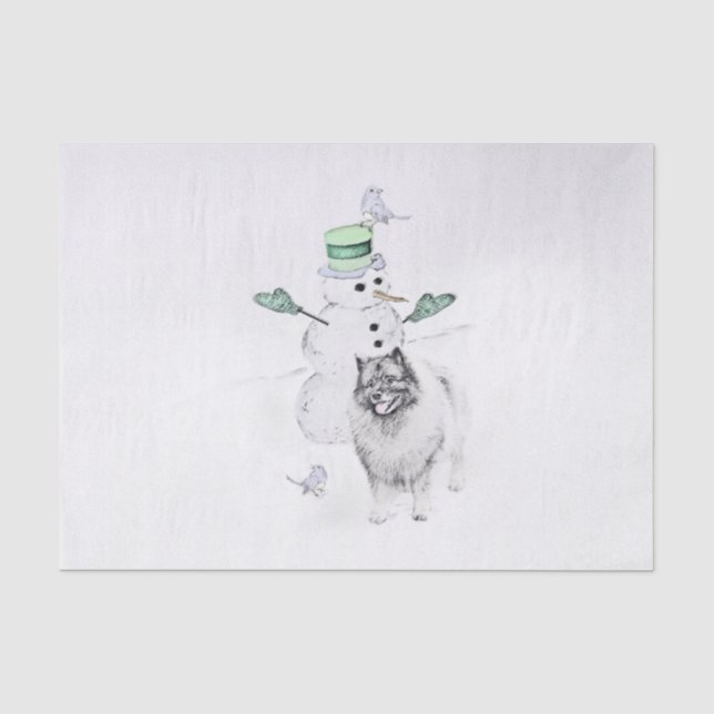 Papier Mousseline Keeshoned Christmas Snowman Peinture Dog Art (Recto)