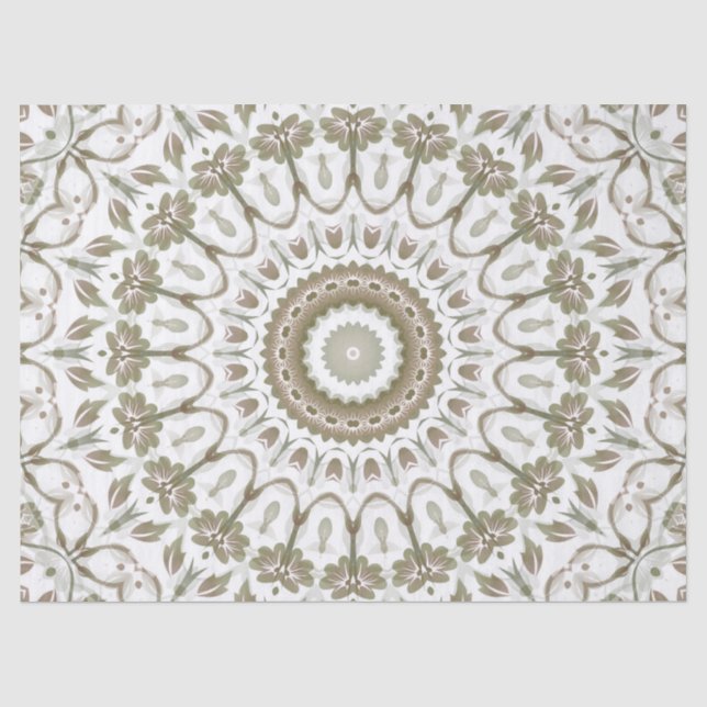 Papier Mousseline Khaki Taupe blanc Floral Mandala (Recto)