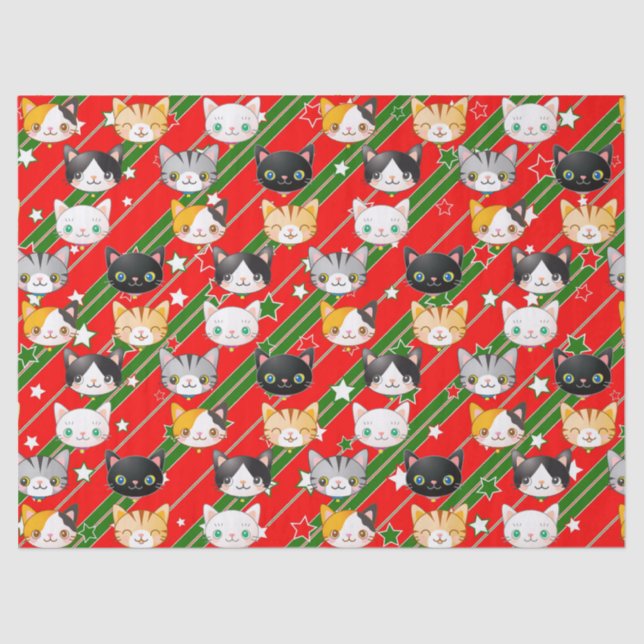 Papier Mousseline Kitty Chat Noël Rouge et Vert mignon (Recto)