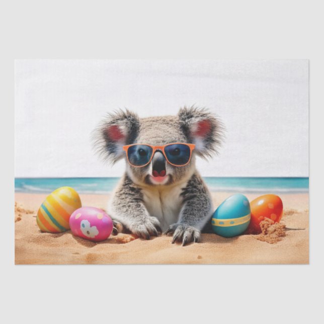Papier Mousseline Koala sur la plage avec oeufs de Pâques (Recto)