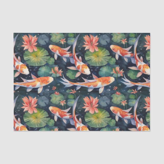 Papier Mousseline Koi Fish Green Lily Pads Pond Decoupage (Recto)