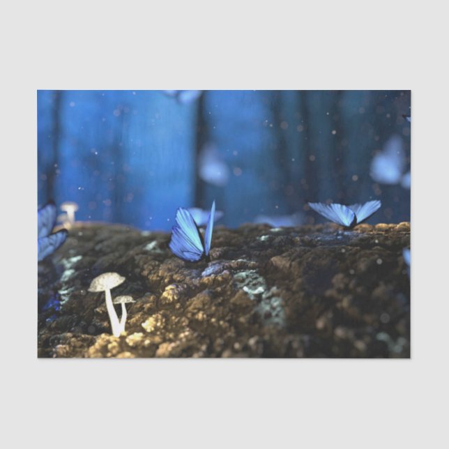 Papier Mousseline La forêt de papillons et champignons Indigo (Recto)