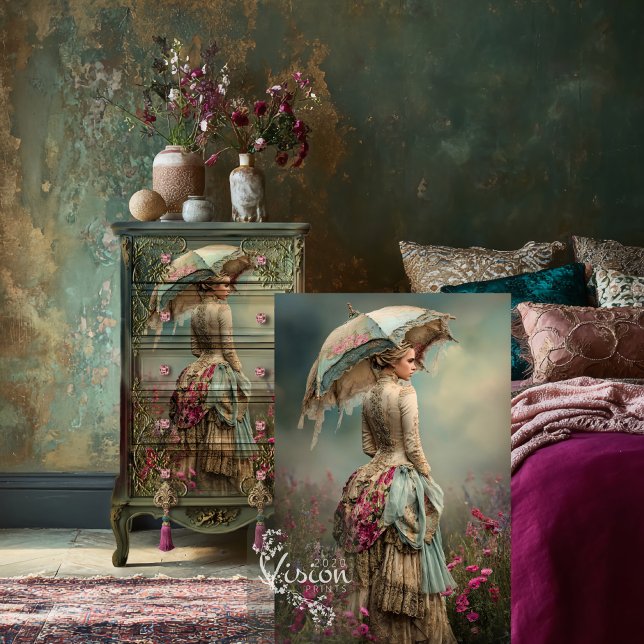 Papier Mousseline Lady & a Parasol Ethereal Floral Field (French Woman, and Parasol, Ethereal Floral Field, Muted Teal and Fuchsia Pink Decoupage Tissue Paper)