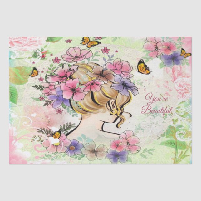 Papier Mousseline Lady Avec De Belles Fleurs Découpage Personnalisée (Recto)
