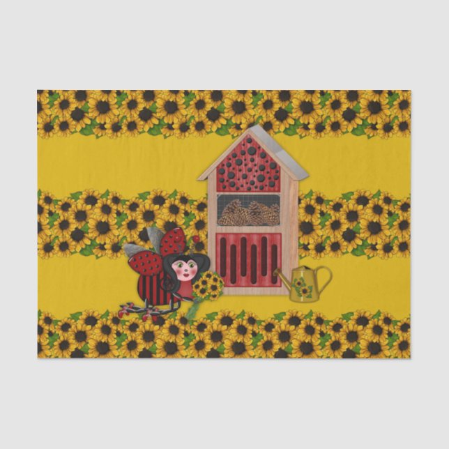 Papier Mousseline Ladybug, tournesols et maison, Jaune-1- (Recto)