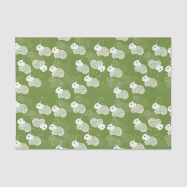 Papier Mousseline Lapins blancs bouffants sur vert (Recto)