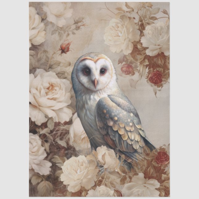 Papier Mousseline Large Vintage Inspired Elegant White Roses & Owl (Recto)