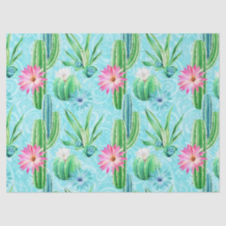 Papier Mousseline Le cactus fleurit le succulent rose de vert bleu