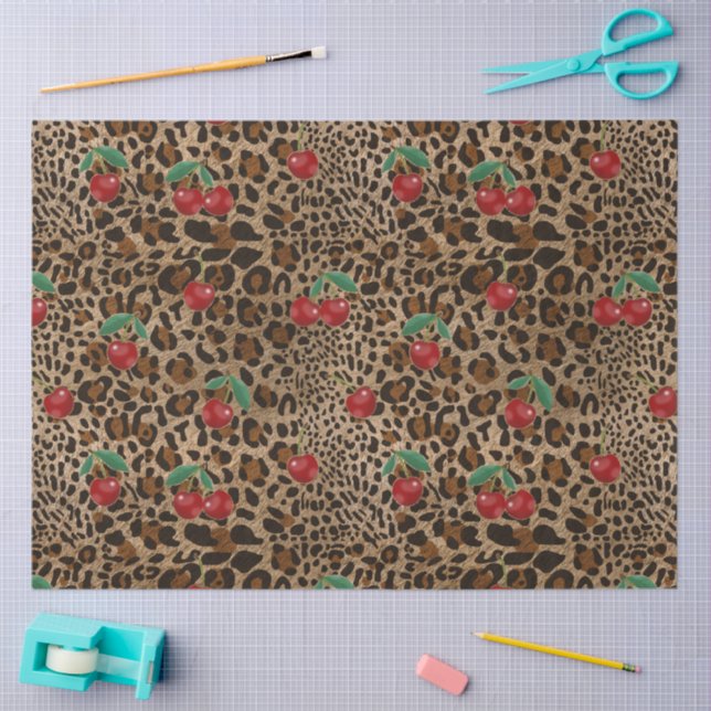 Papier Mousseline Leopard Cheetah Animal Print Red Cherry Pattern (Artisanat)