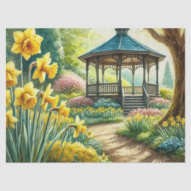Papier Mousseline Les jonquilles jaunes au printemps avec Gazebo (Recto)
